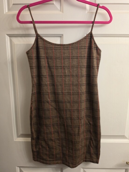 popular 21 Dresses & Skirts - Popular 21 Brown Plaid Cami Bodycon Dress Red Stripe L